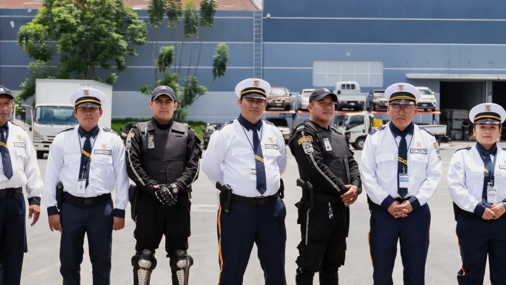 Equipo de agentes de El Ébano formado frente a una instalación industrial